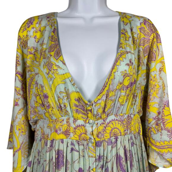 Hemant & Nandita Maxi Dress Women’s Size Medium Green Floral V-Neck Boho Style - Picture 6 of 15